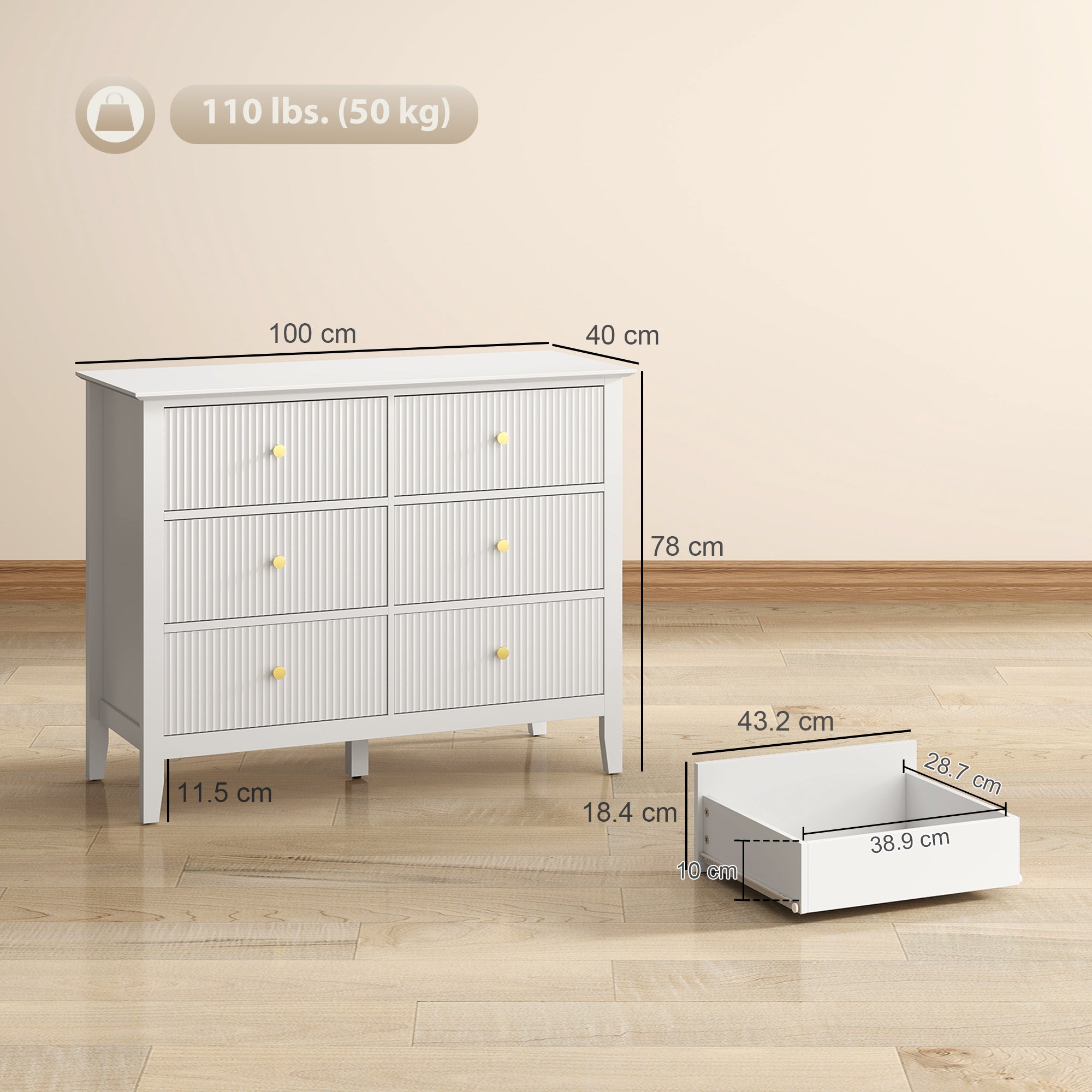 HOMCOM Fluted Dresser, 6 Drawer Chest of Drawers for Bedroom, Living Room, Hallway, Closet, White 