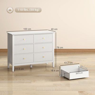 HOMCOM Fluted Dresser, 6 Drawer Chest of Drawers for Bedroom, Living Room, Hallway, Closet, White 