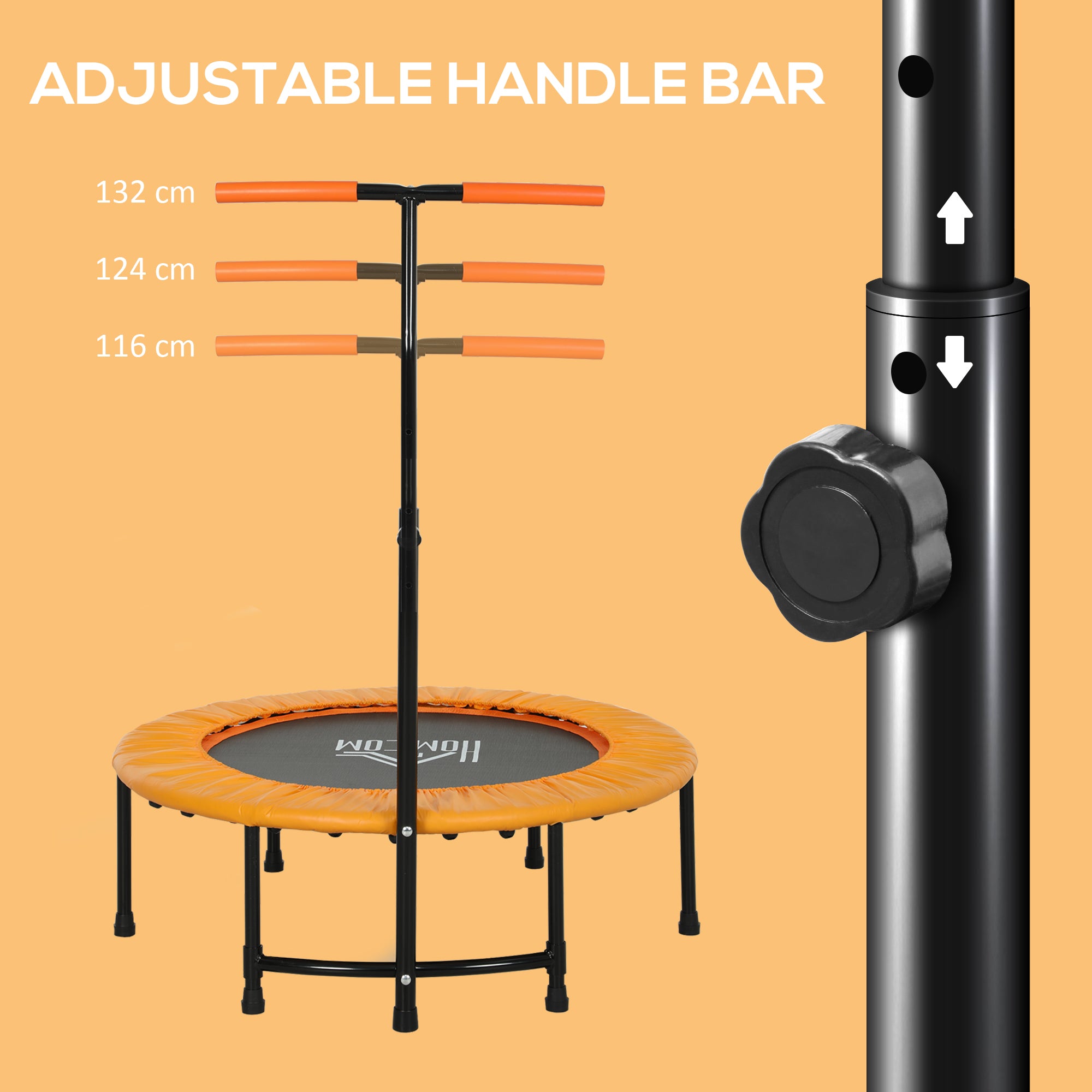HOMCOM 40" Fitness Trampoline with Adjustable Handle, Rebounder Trampoline Mini Jumper for Indoor Exercise Workout, Support Up to 100kg, Orange 