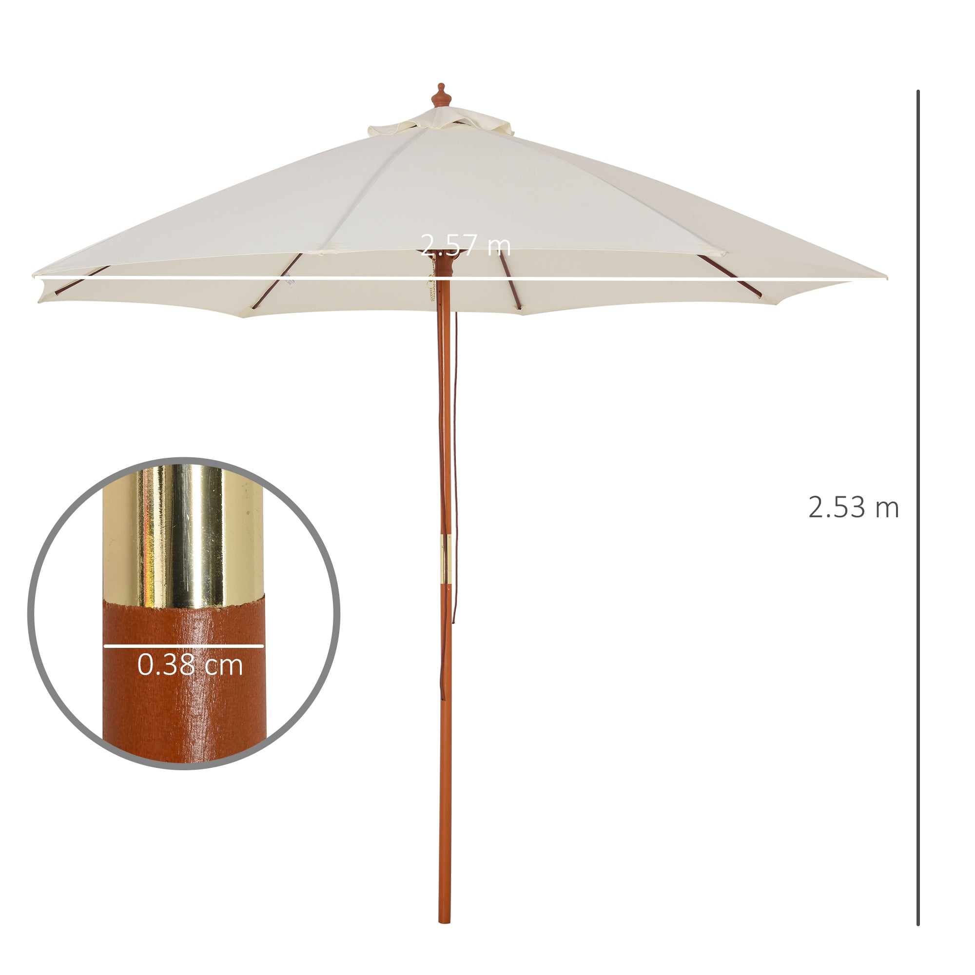 Outsunny 2.5m Garden Parasol Umbrella, Outdoor Market Table Umbrella with Wooden Pole & 8 Fibre Glass Ribs, Round Sun Shade Canopy, Off-White 