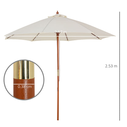 Outsunny 2.5m Garden Parasol Umbrella, Outdoor Market Table Umbrella with Wooden Pole & 8 Fibre Glass Ribs, Round Sun Shade Canopy, Off-White 
