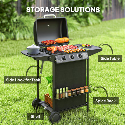 Outsunny 3+1 Burner Gas BBQ Grill, Portable Gas Barbecue Grill with Built-in Thermometer, Lid, Side Table, Shelf, Spice Rack, Wheels, Grease Cup for Garden Party Outdoor Cooking, Black 