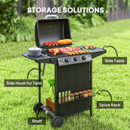 Outsunny 3+1 Burner Gas BBQ Grill, Portable Gas Barbecue Grill with Built-in Thermometer, Lid, Side Table, Shelf, Spice Rack, Wheels, Grease Cup for Garden Party Outdoor Cooking, Black