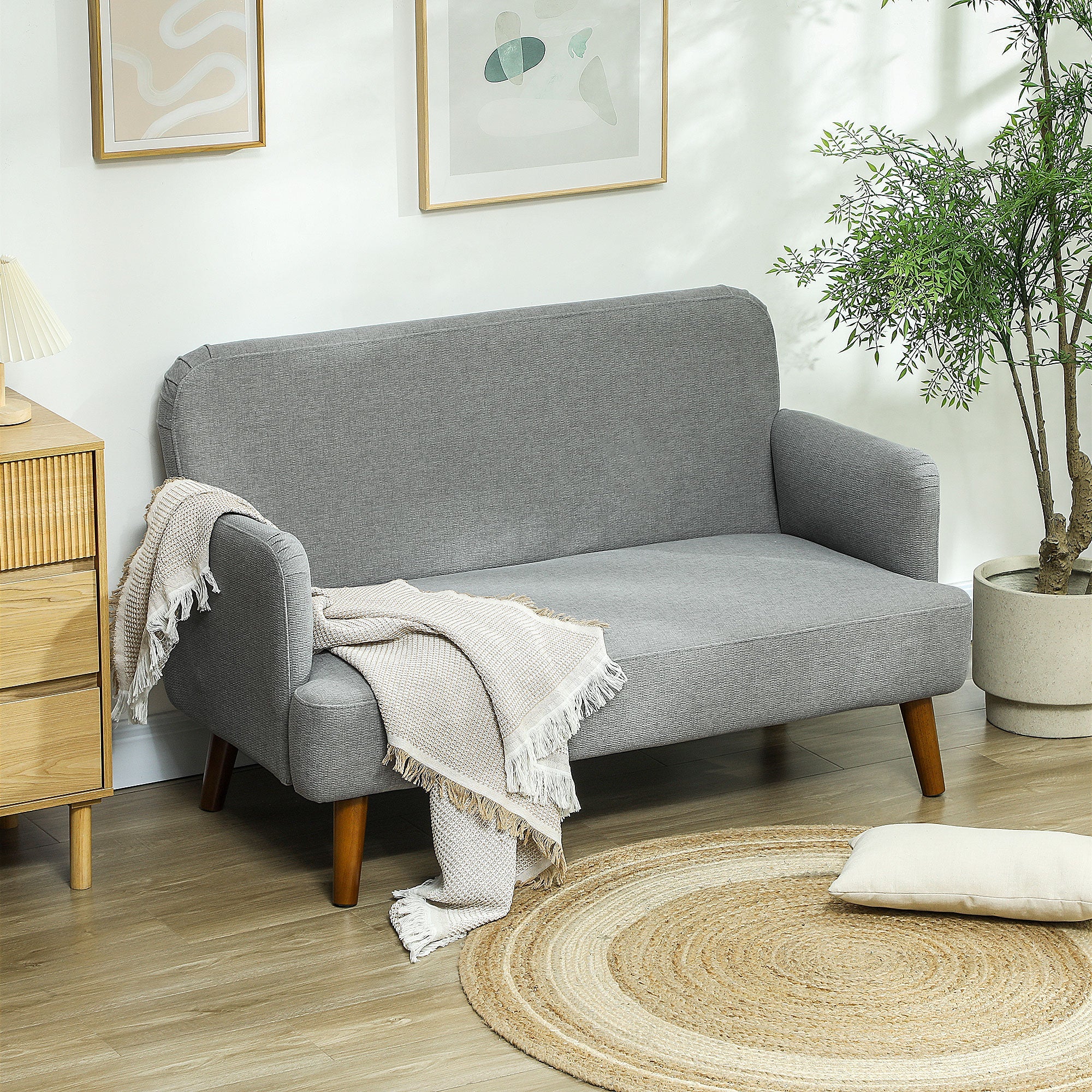 HOMCOM Velvet Feel Fabric 2 Seater Sofa, Small Sofa Loveseat with 21cm Thick Padding and Wood Legs, Grey 