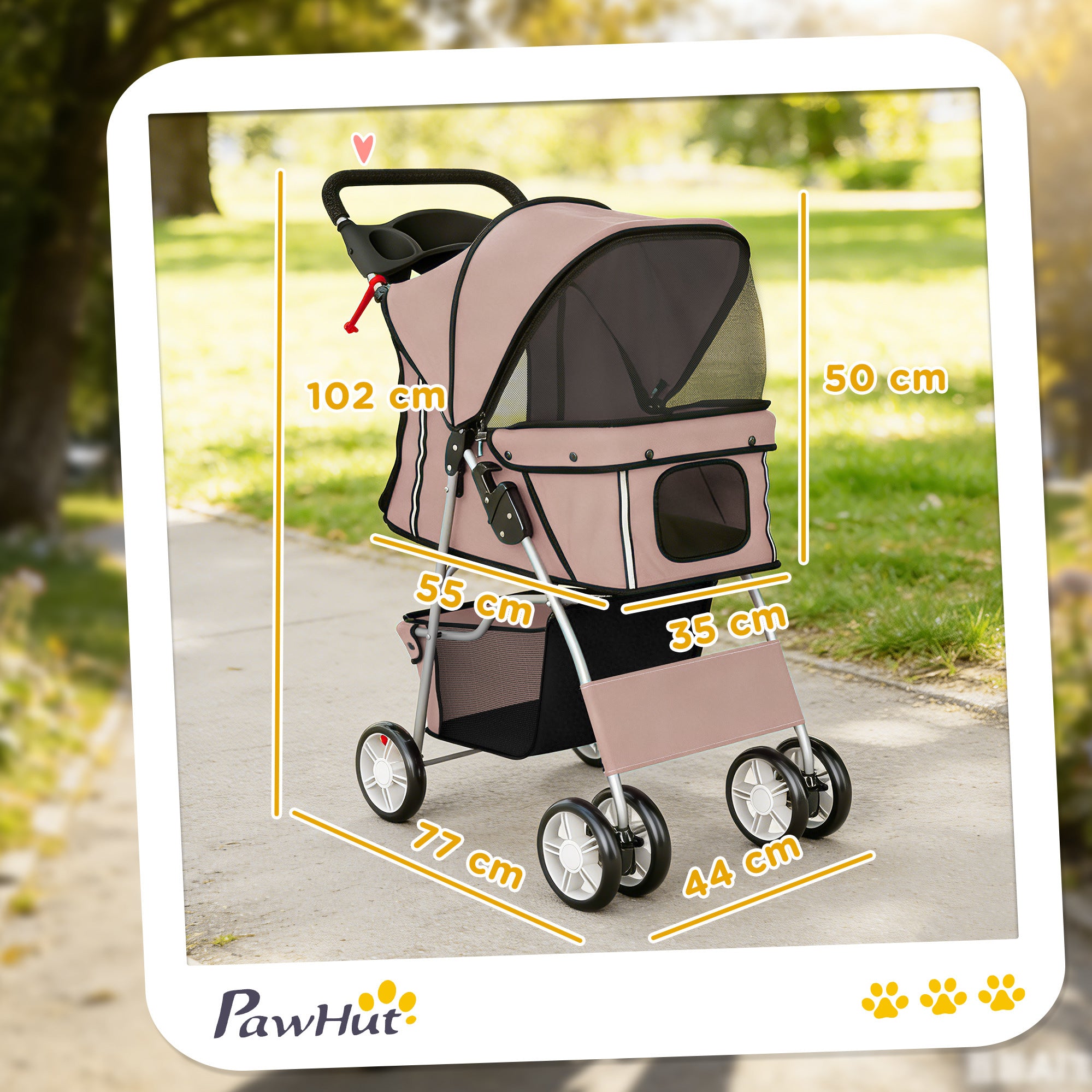PawHut Dog Pram, Pet Stroller with Reflective Strips, Foldable Cat Stroller with 360° Swivel Wheels, Brown 