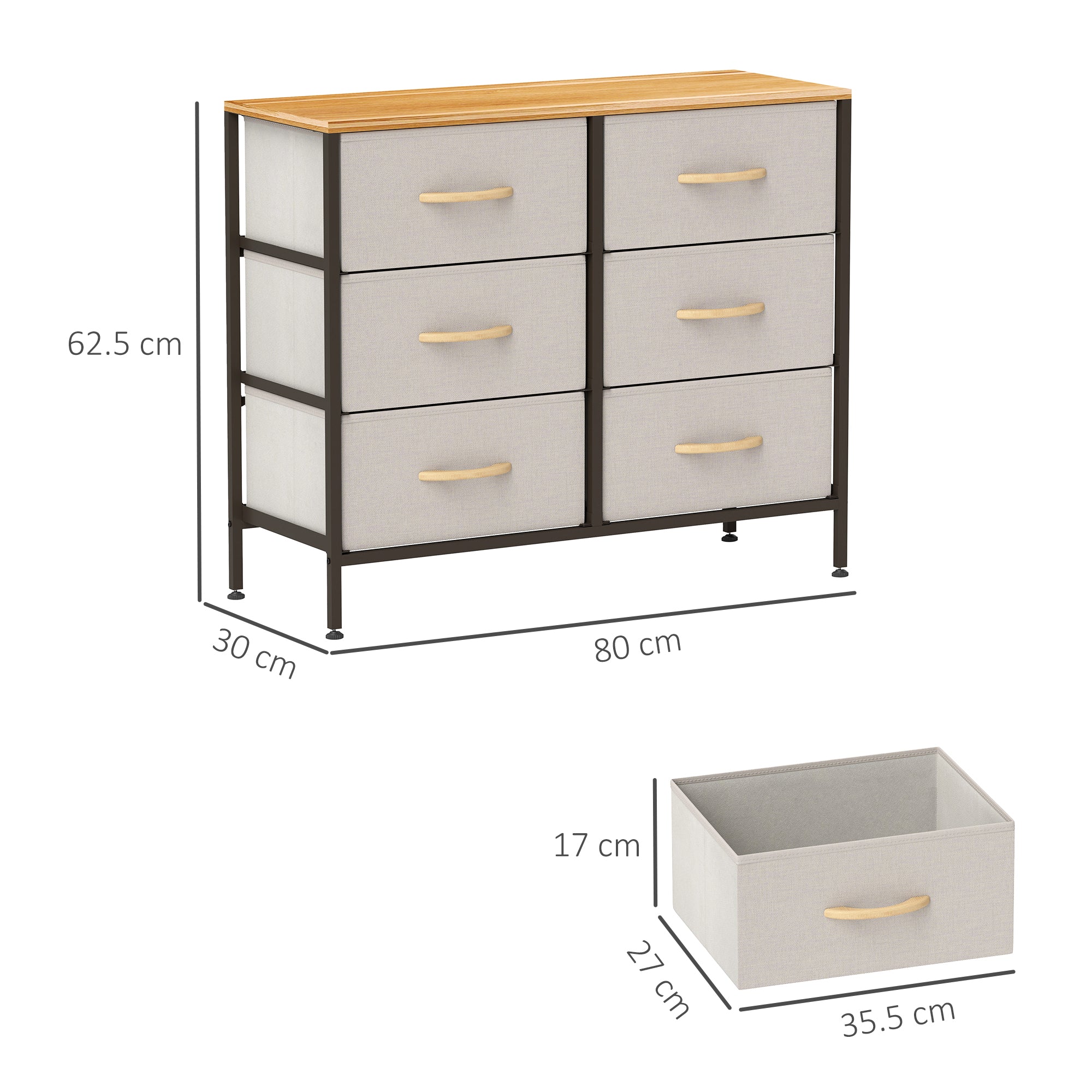 HOMCOM Fabric Chest of Drawers, Storage Drawers, Industrial Bedroom Dresser with 6 Fabric Drawers, Steel Frame and Wooden Top for Nursery, Living Room, Hallway, Cream White 