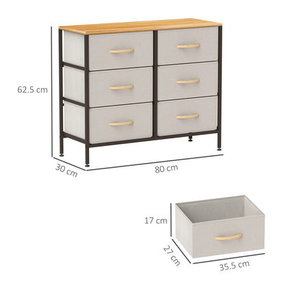 HOMCOM Fabric Chest of Drawers, Storage Drawers, Industrial Bedroom Dresser with 6 Fabric Drawers, Steel Frame and Wooden Top for Nursery, Living Room, Hallway, Cream White 