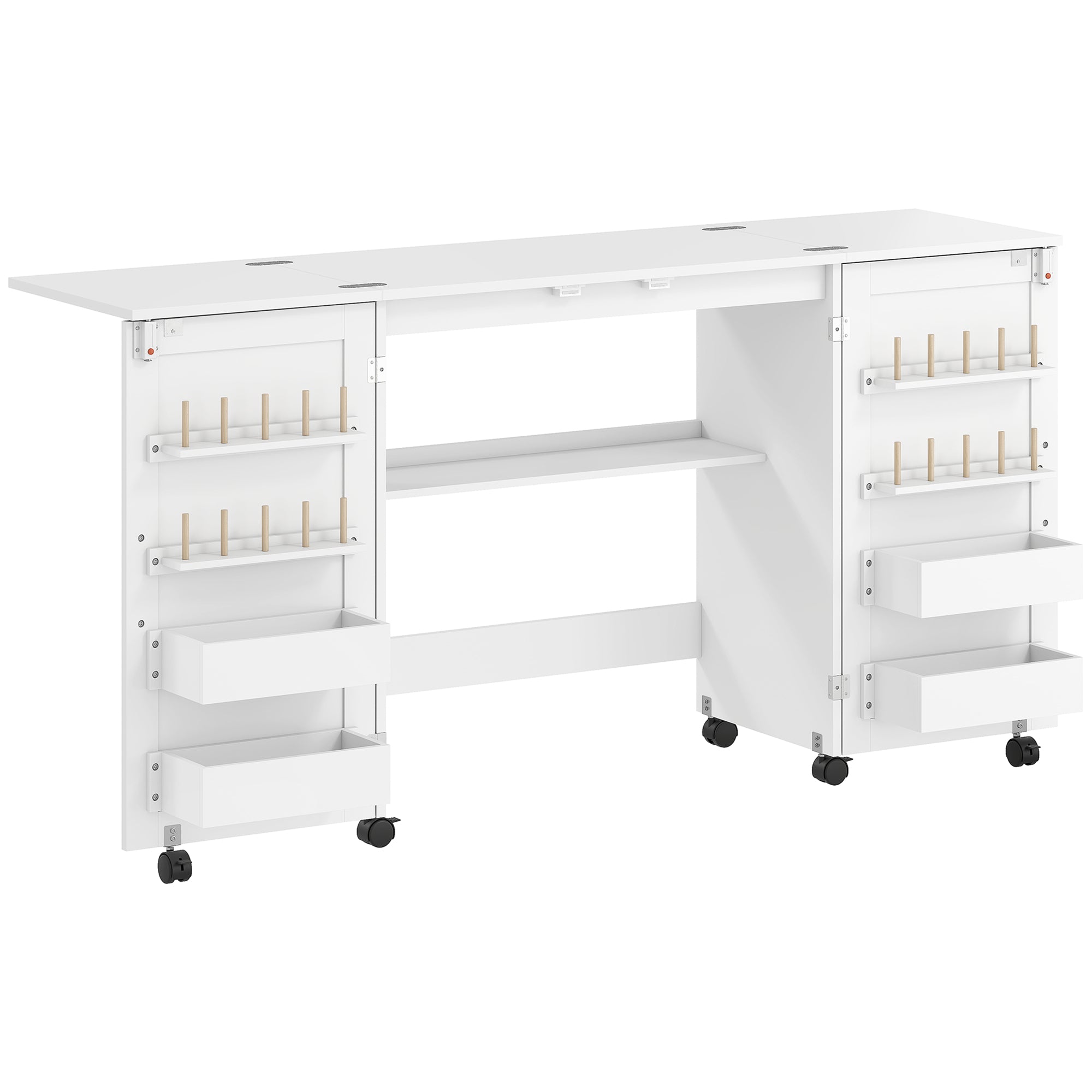 HOMCOM Folding Sewing Table with 2 Magnetic Doors, Storage Shelf, Lockable Wheels, Space Saving, White 