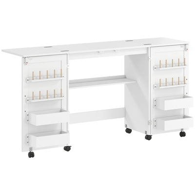 HOMCOM Folding Sewing Table with 2 Magnetic Doors, Storage Shelf, Lockable Wheels, Space Saving, White 
