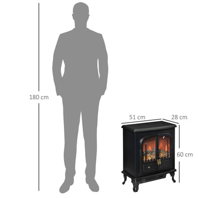 HOMCOM Electric Fireplace Stove Heater with LED Fire Flame Effect, Double Door, Freestanding & Portable with Overheat Protection, 1000W/2000W, Black 