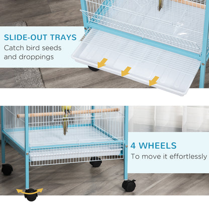 PawHut Bird Cage Budgie Cage 2 In 1 Large Aviary with Wheels Removable Trays for Finch Canaries Cockatiels Light Blue 