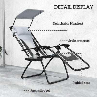 Outsunny Zero Gravity Lounger Chair Set of 2, Folding Reclining Patio Chair with Shade Cover, Padded Seat, Cup Holder, Soft Cushion and Headrest for Poolside, Camping, Light Grey 