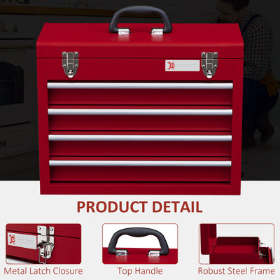 DURHAND Lockable Metal Tool Box, 4 Drawer Tool Chest with Latches, Handle, Ball Bearing Runners, Red 