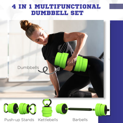 SPORTNOW 30kg Four-In-One Adjustable Weight Dumbbells Set, Barbell, Kettlebell, Push Up Stand - Green 
