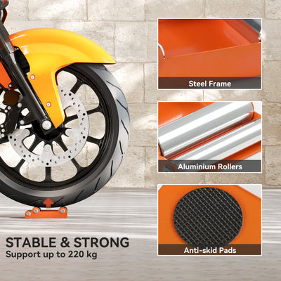 HOMCOM Motorcycle Wheel Cleaning Roller Stand with Steel Frame, Aluminium Rollers, Motorcycle Maintenance Stand for Tyre Cleaning and Chain Lubrication, Fit Tyre Width < 180mm, Bikes < 485lb, Orange 