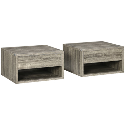 HOMCOM Set of Two Floating Bedside Tables Wall Mounted Nightstands with Drawer and Shelf for Bedroom, Brown Wood-Effect 