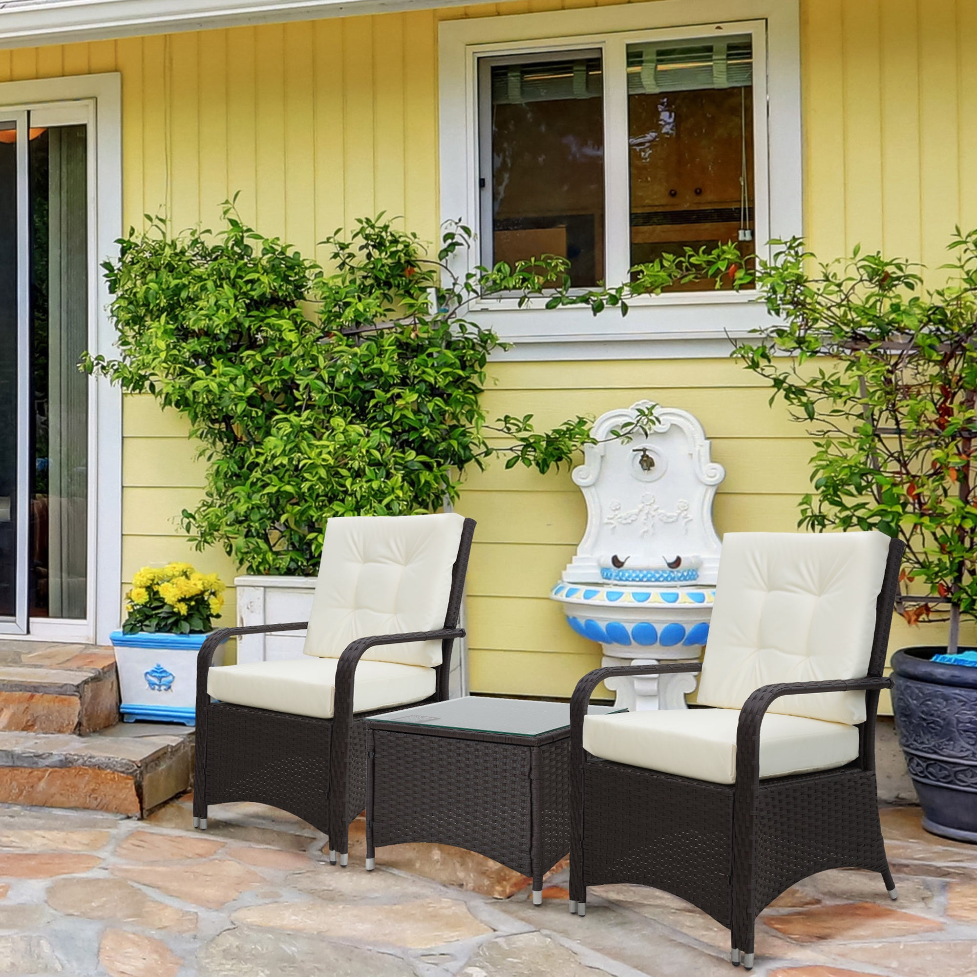 Outsunny 3 Pieces Rattan Bistro Set with Furniture Cover, Wicker Garden Furniture Set, Glass Top Coffee Table and Chairs with Cushions for Outdoor, Patio, Balcony, Cream White 