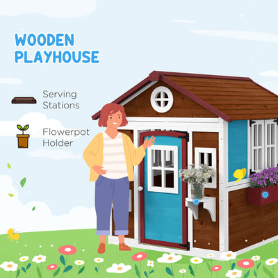 Outsunny Wooden Playhouse with Doors, Windows, Plant Pots, Boxes, for 3-8 Years - Dark Brown 