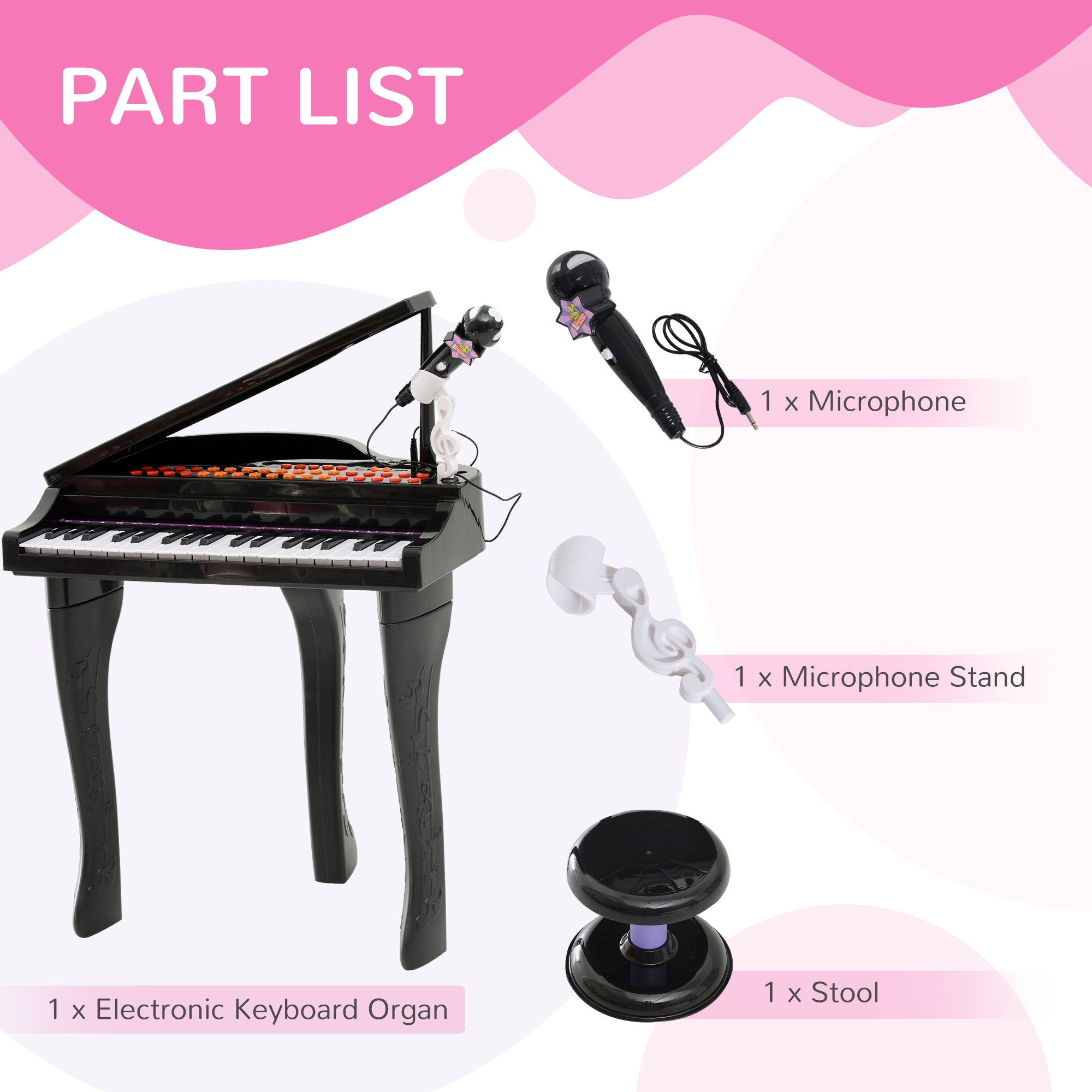 HOMCOM 37 Keys Kids Mini Electronic Keyboard Children Grand Piano with Stool Microphone Light Musical Instrument Educational Game Toy Set (Black) 