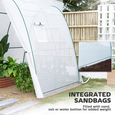 Outsunny Polytunnel Greenhouse with Sandbags, Walk-In Tunnel Green House with 2 Doors and Screen Windows, 1.8 x 1.8 x 2m, White 