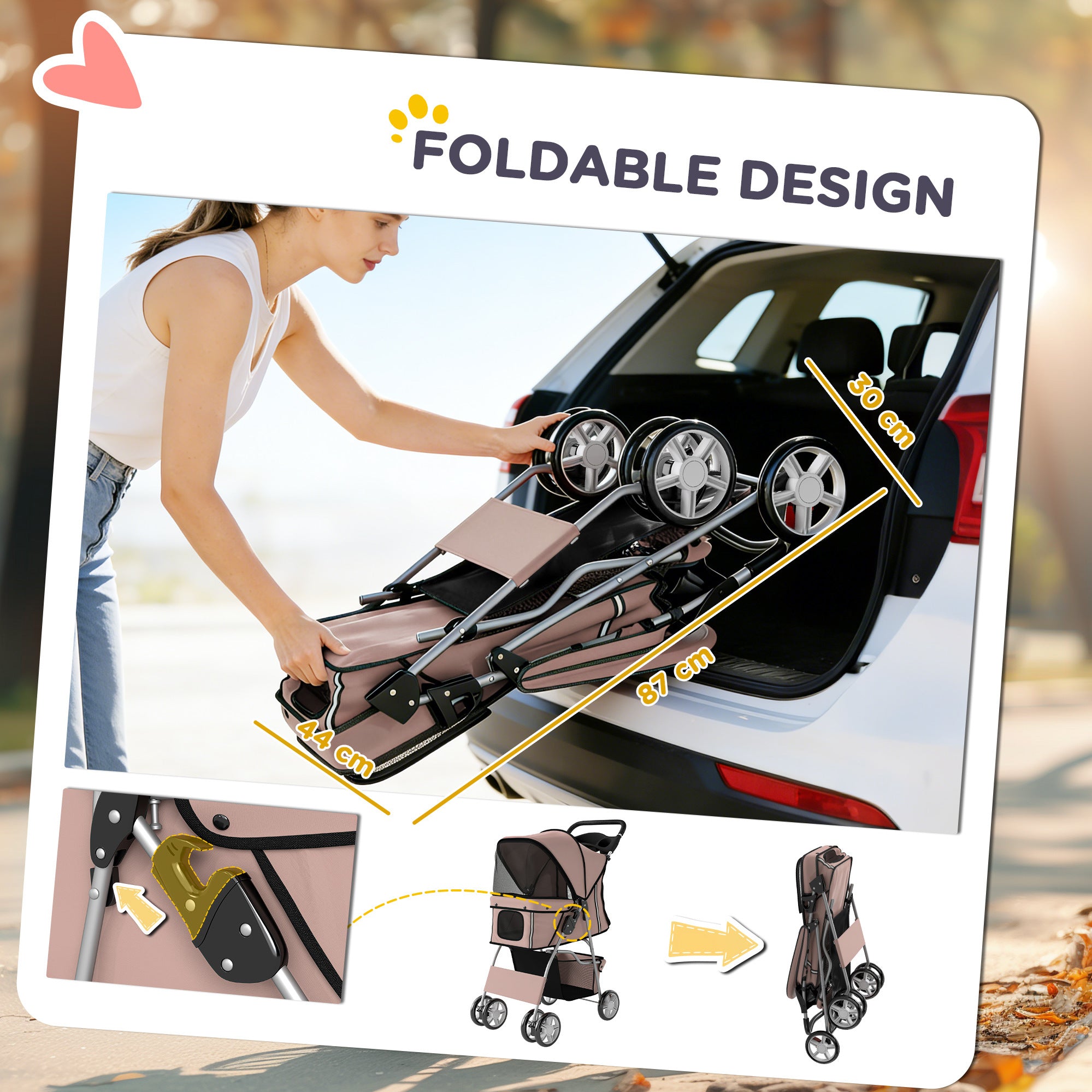 PawHut Dog Pram, Pet Stroller with Reflective Strips, Foldable Cat Stroller with 360° Swivel Wheels, Brown 