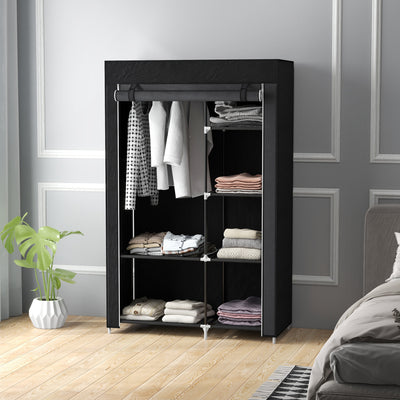 HOMCOM Fabric Wardrobe, Portable Wardrobe with 6 Shelves, 1 Hanging Rail, Foldable Closets, 103 x 43 x 162.5 cm, Black 