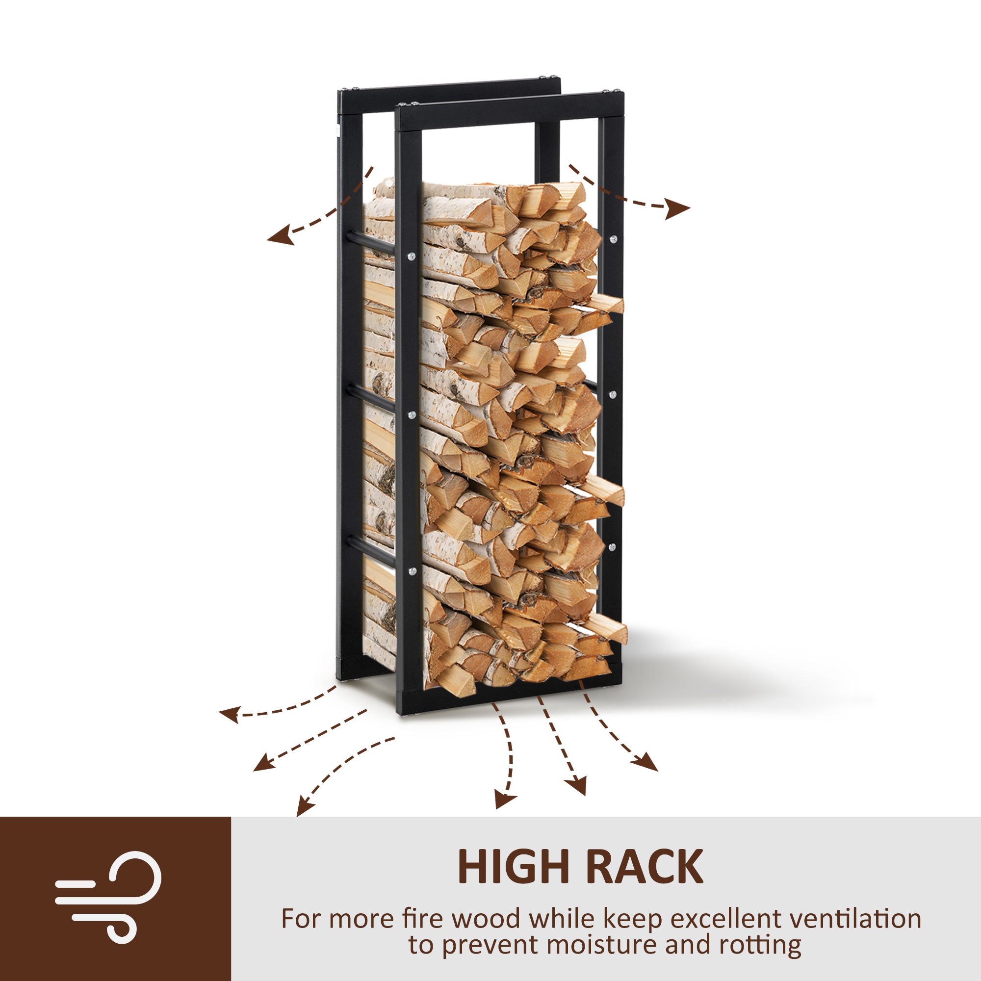 HOMCOM Metal Firewood Log Holder Tall Firewood Rack Indoor Outdoor Fireplace Wood Storage Shelf with Side Rails, Rust-Resistant, Black, 40W x 25D x 100H cm 