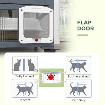 PawHut Cat House, Wooden Outdoor Catio Cat Enclosure on Wheels, Wooden Kitty Cage with Platforms, Hammock, Light Grey 