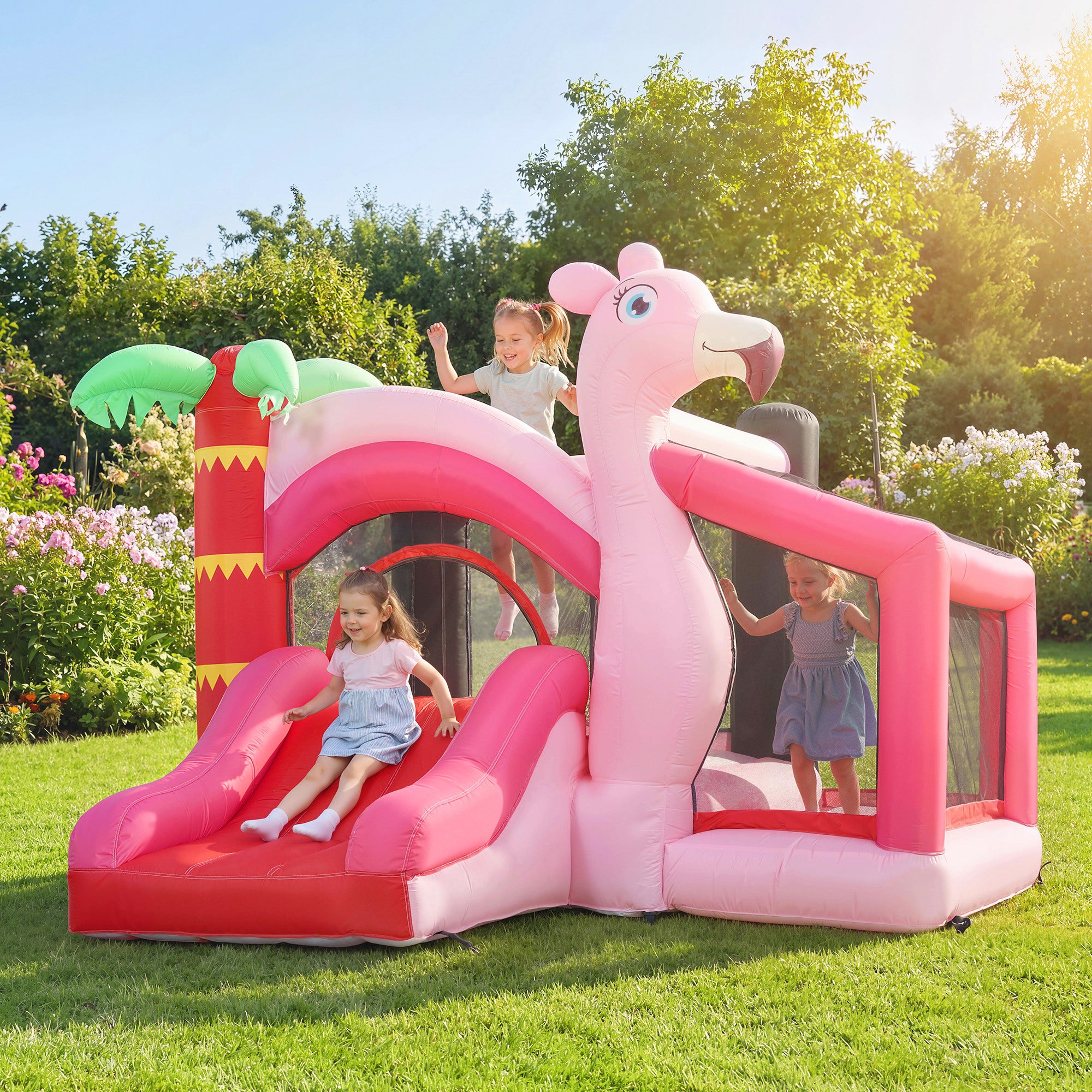 AIYAPLAY Inflatable Bounce House for Kids with Slide, Ball Pit, Basketball Hoop and Blower for Indoor Outdoor Garden, Pink 