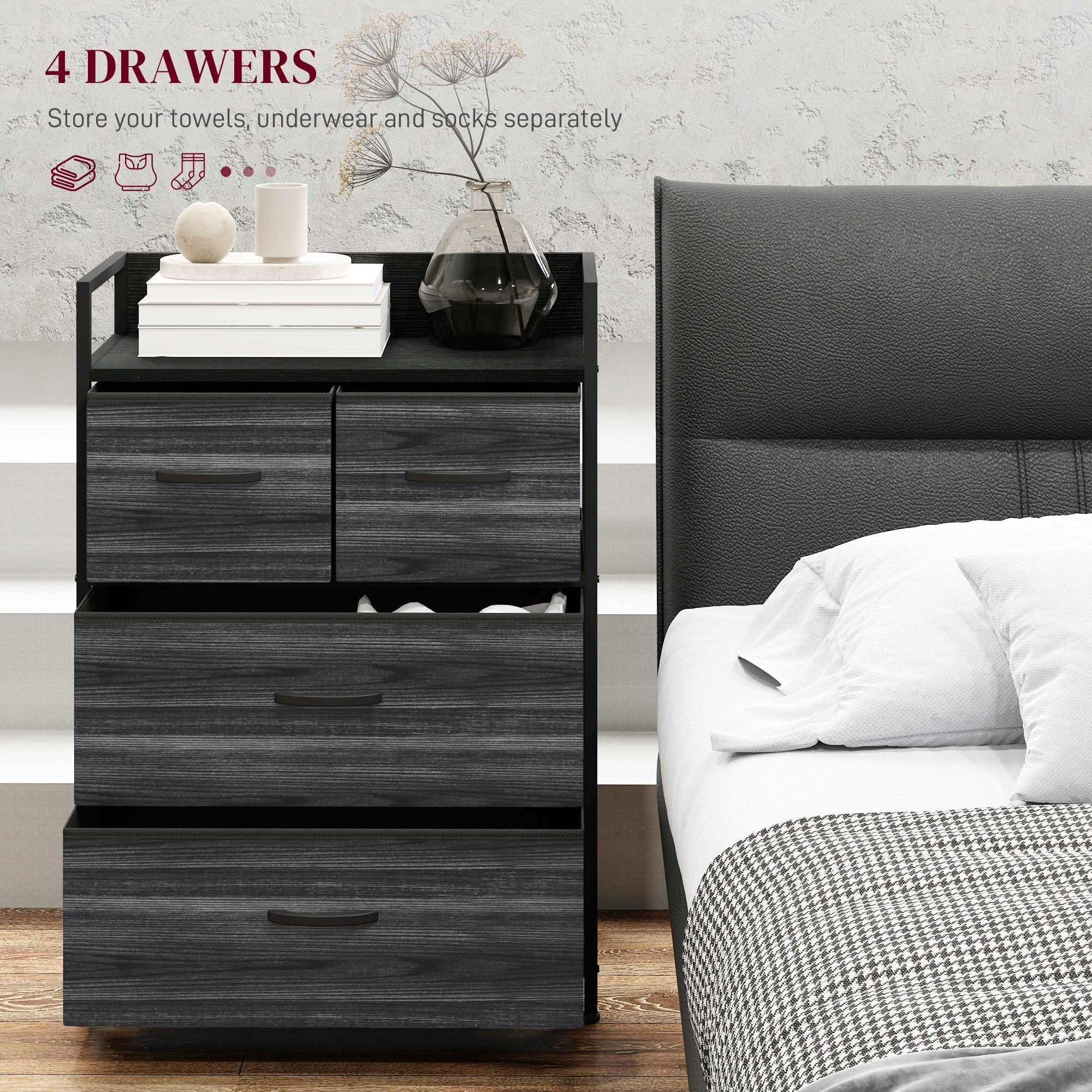 HOMCOM Rustic Chest of Four Fabric Drawers - Black 