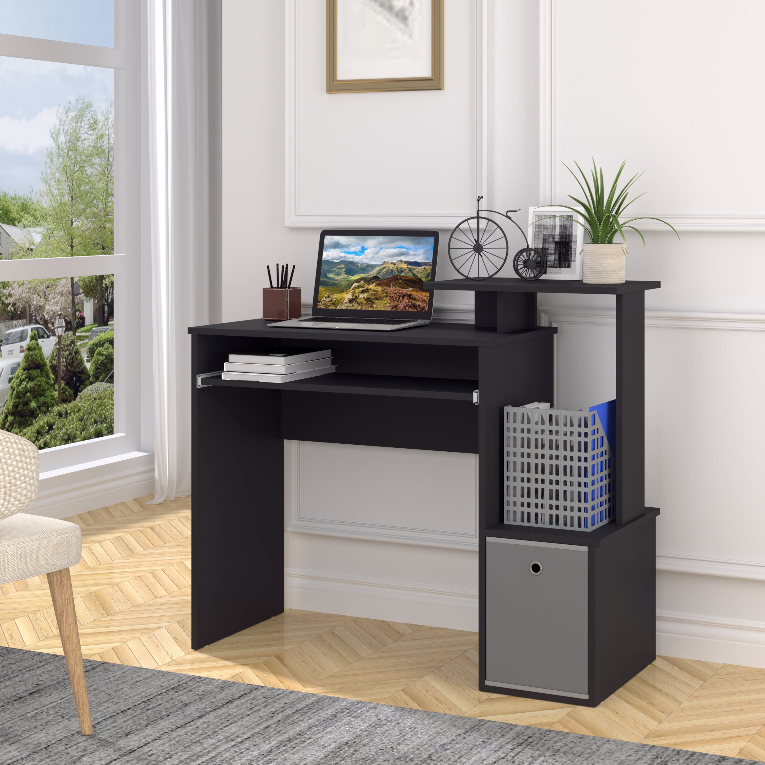 HOMCOM Computer Desk with Sliding Keyboard Tray Storage Drawer Shelf Home Office Workstation Black 
