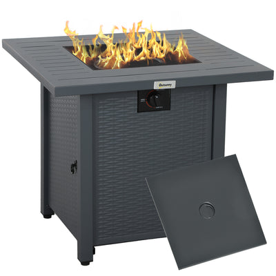 Outsunny Rattan-style Propane Gas Fire Pit Table with 40,000 BTU Burner, Square Smokeless Firepit Patio Heater with Thermocouple, Lava Rocks, Waterproof Cover, Spark Guard and Lid, Grey 