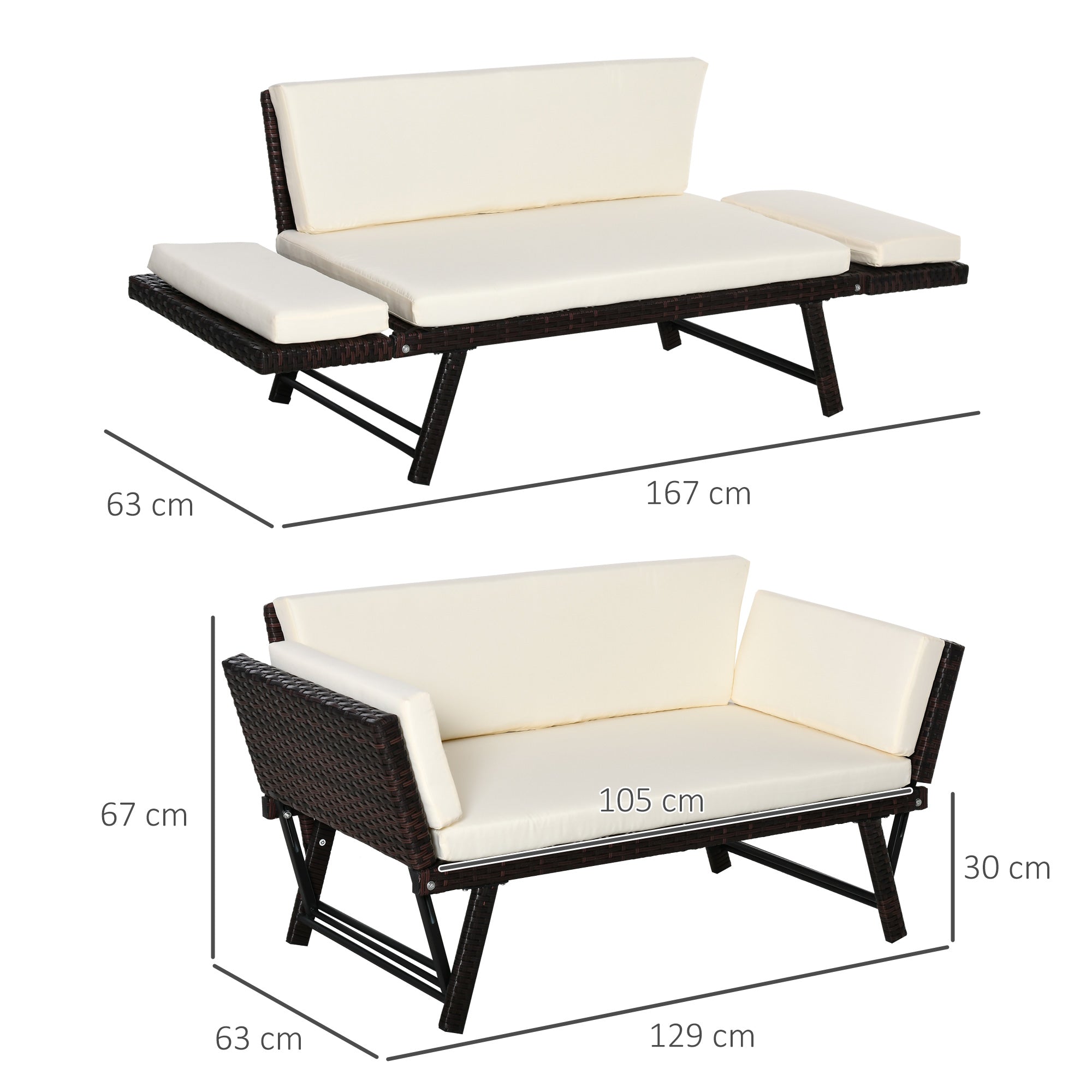 Outsunny 2-Seater 2-in-1 Rattan Convertible Sofa Daybed Brown 