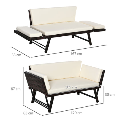 Outsunny 2-Seater 2-in-1 Rattan Convertible Sofa Daybed Brown 