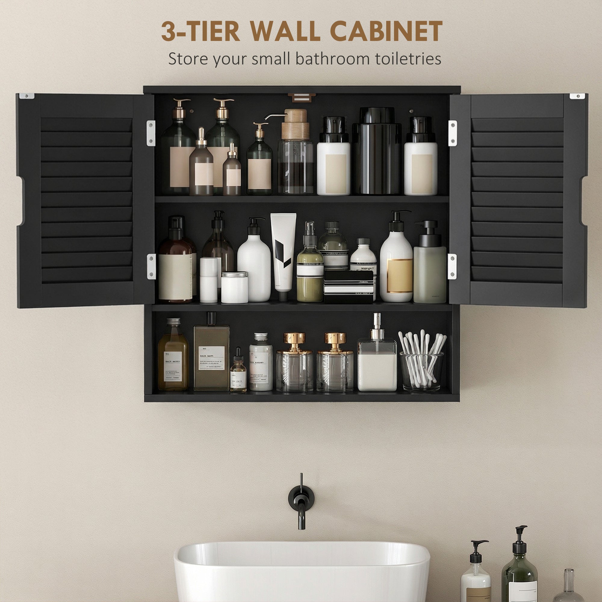 HOMCOM Bathroom Cabinet, Wall Mounted Storage Cabinet with Adjustable Shelves, 60 x 20 x 60 cm, Black 