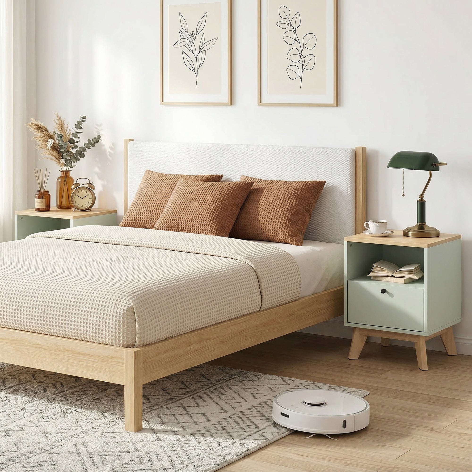 HOMCOM Modern Nightstand Set of 2, Bedside Table with Drawer and Open Shelf, Side End Table for Bedroom, Light Green 