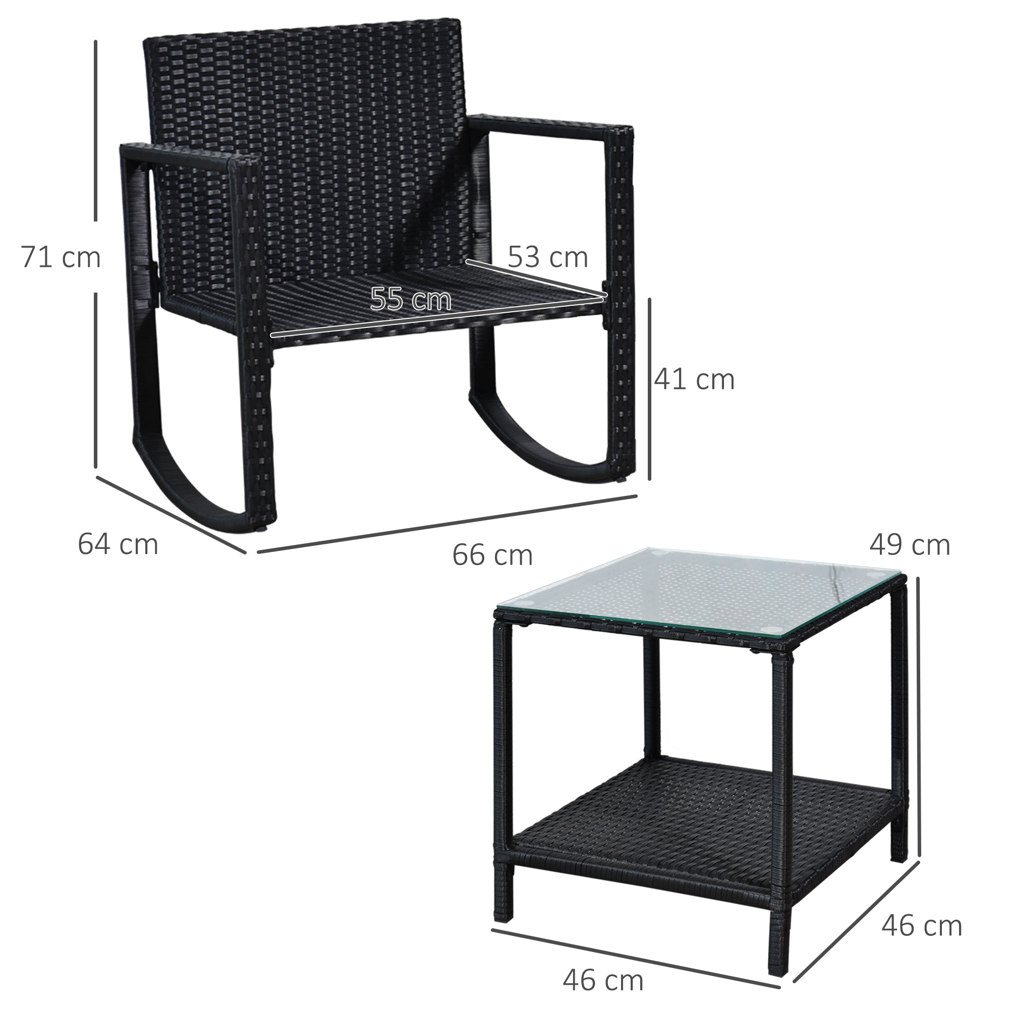 Outsunny 3 Pieces Rattan Garden Rocking Chair Set, Outdoor Rocking Bistro Set w/ 2 Cushioned Armchair and Glass Top Two-tier Coffee Table, Black 