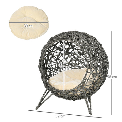 PawHut Rattan Elevated Cat Bed House Kitten Basket Ball Shaped Pet Furniture w/ Removable Cushion - Silver-Tone and Grey 