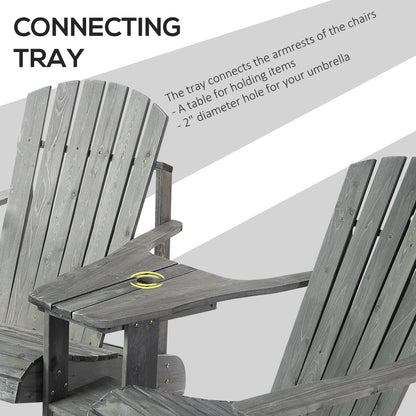 Outsunny Wooden Outdoor Double Adirondack Chairs Loveseat w/ Centre Table and Umbrella Hole, Garden Patio Furniture for Lounging and Relaxing, Grey 