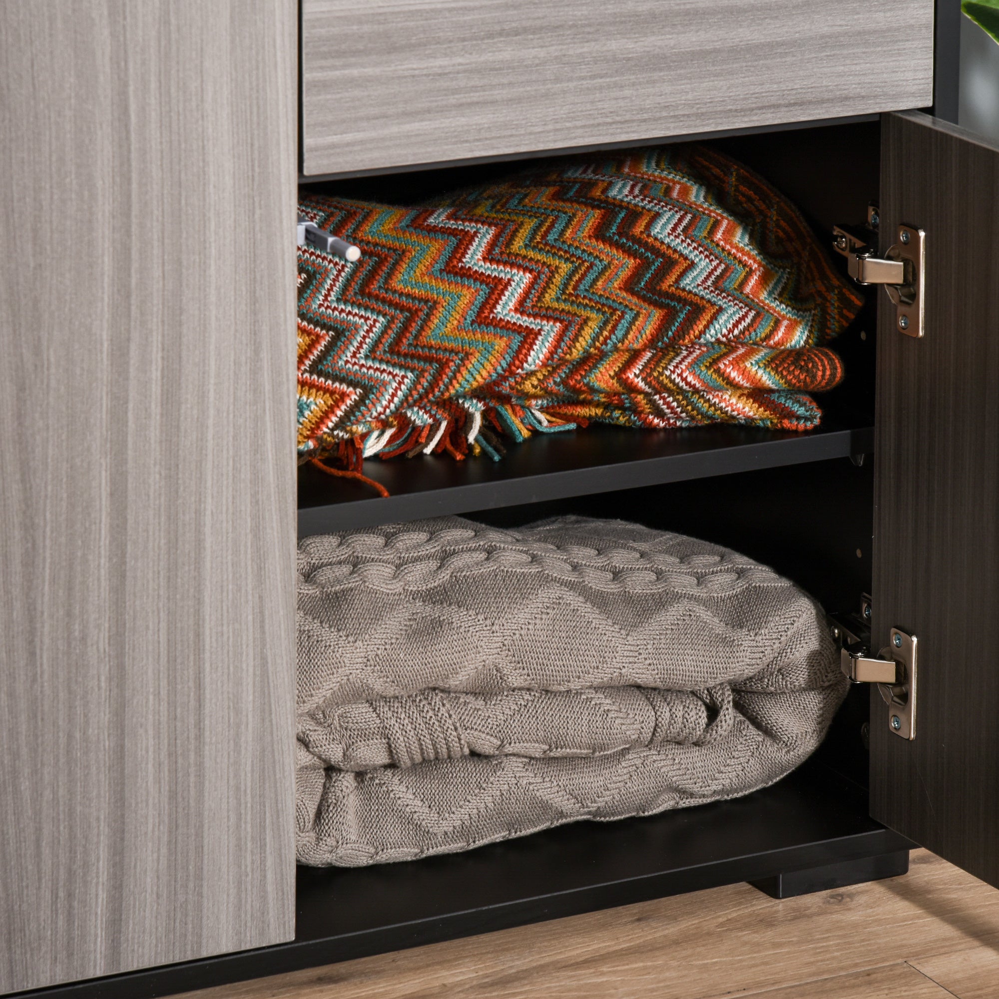 HOMCOM High Gloss Side Cabinet, Push-Open Design with 2 Drawers and 2 Cabinets for Living Room, 74H x 117W x 36Dcm, Light Grey and Black 