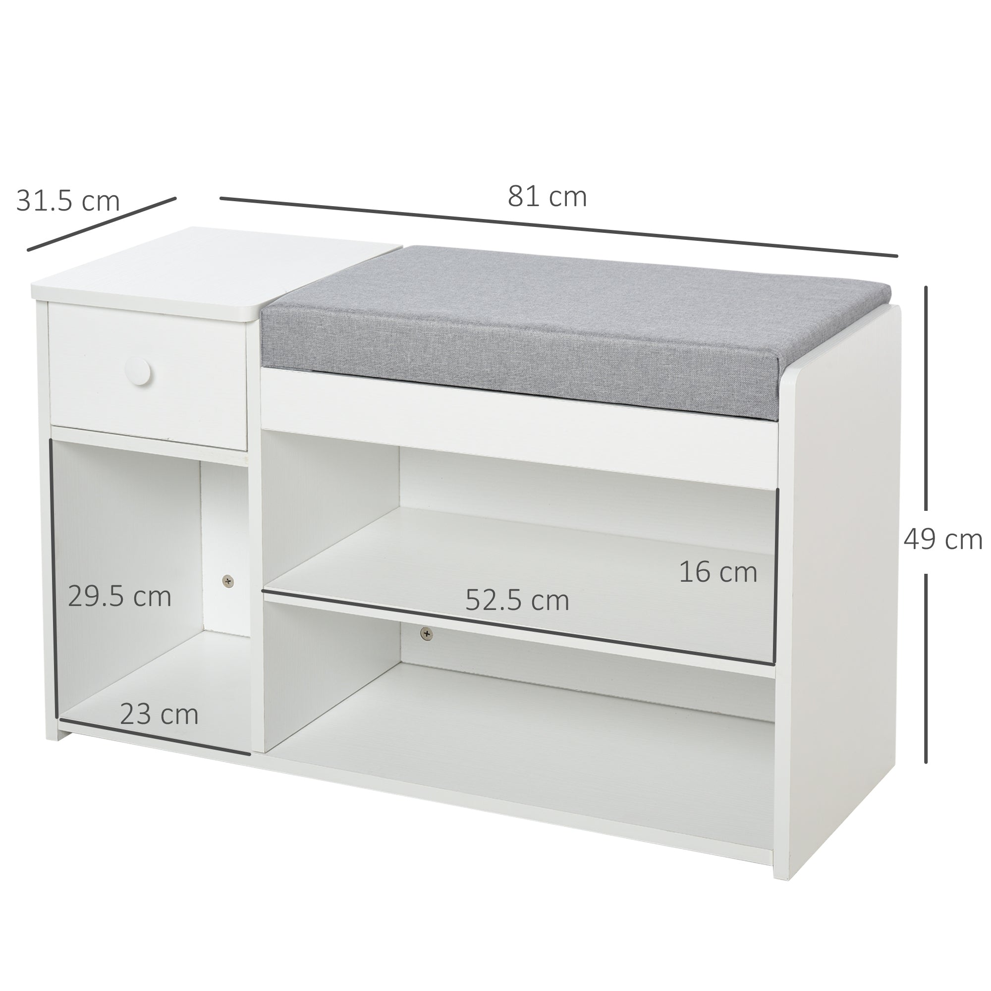HOMCOM Multi-Storage Shoe Bench w/ Drawer 3 Compartments Cushioned Home Organisation Furniture Tidy Boots Hallway Entryway White 