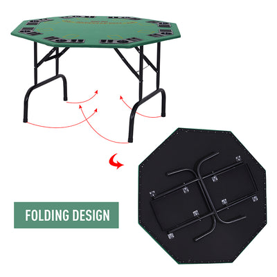 HOMCOM 8 Player Folding Games Poker Table with Chip Cup Holder Steel Base Felt Top Octagon Blackjack Green 