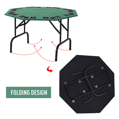 HOMCOM 8 Player Folding Games Poker Table with Chip Cup Holder Steel Base Felt Top Octagon Blackjack Green 