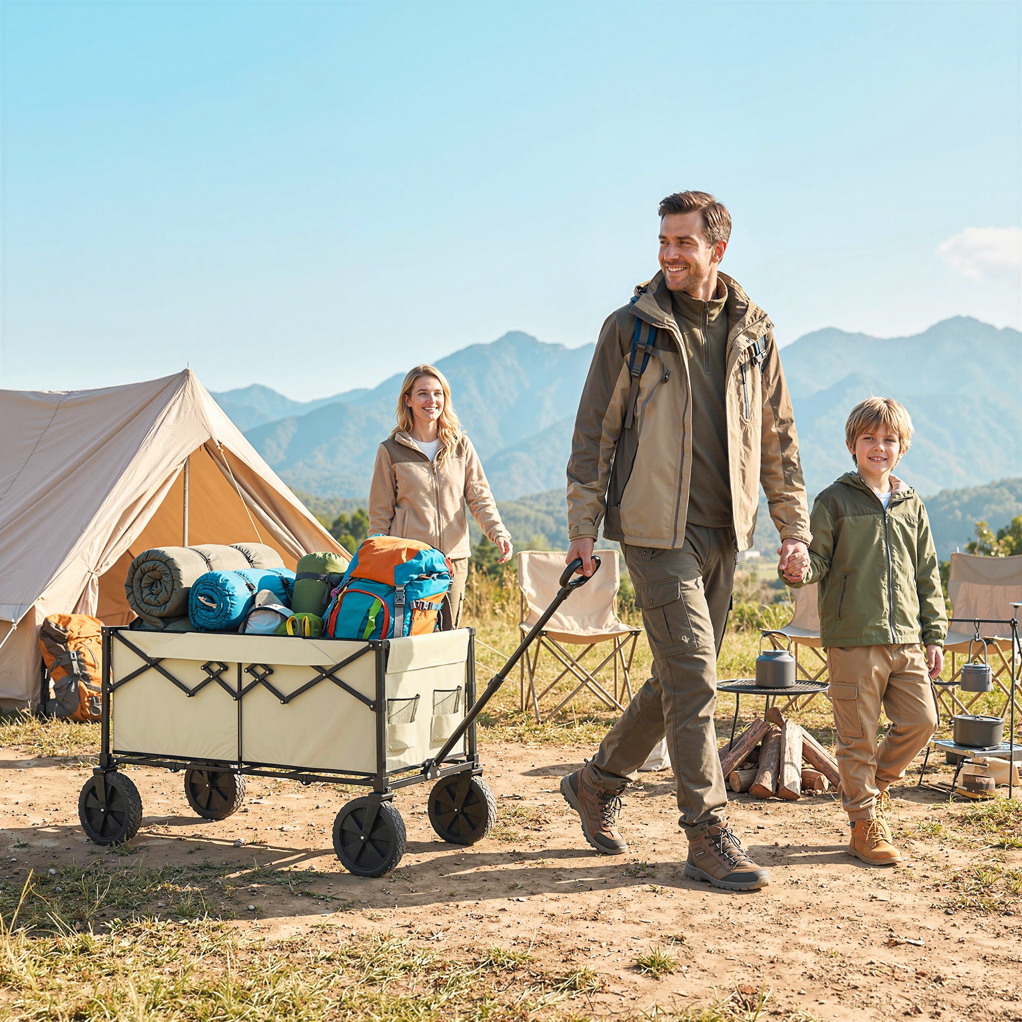 Outsunny 95L Foldable Festival Trolley on Wheels, Collapsible Wagon Cart with Adjustable Handle and 2 Cup Holders, Khaki 