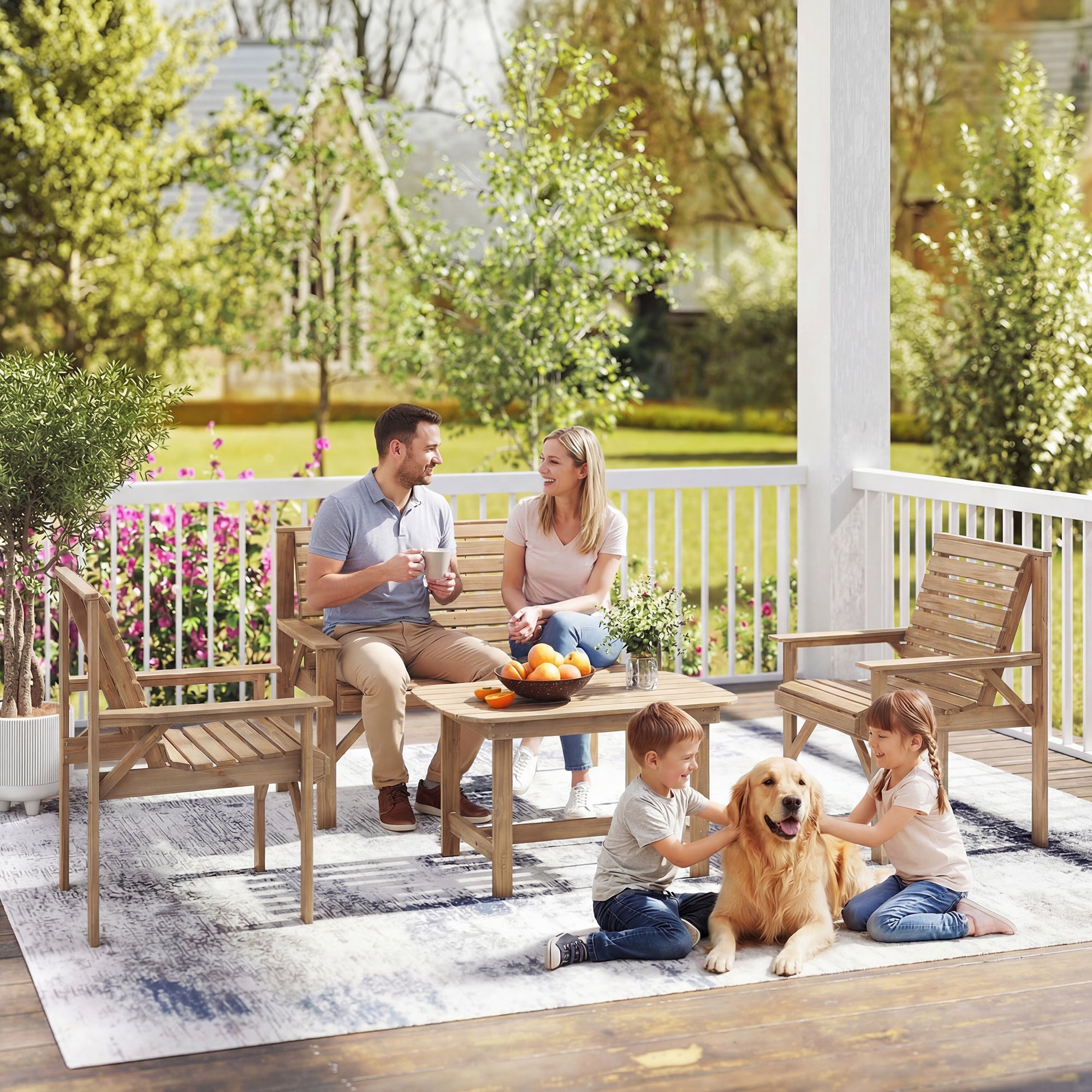 Outsunny 4 Piece Wooden Garden Furniture Set, Outdoor Garden Sofa Set with 2 Armchairs, Loveseat and Coffee Table, Natural Wood 