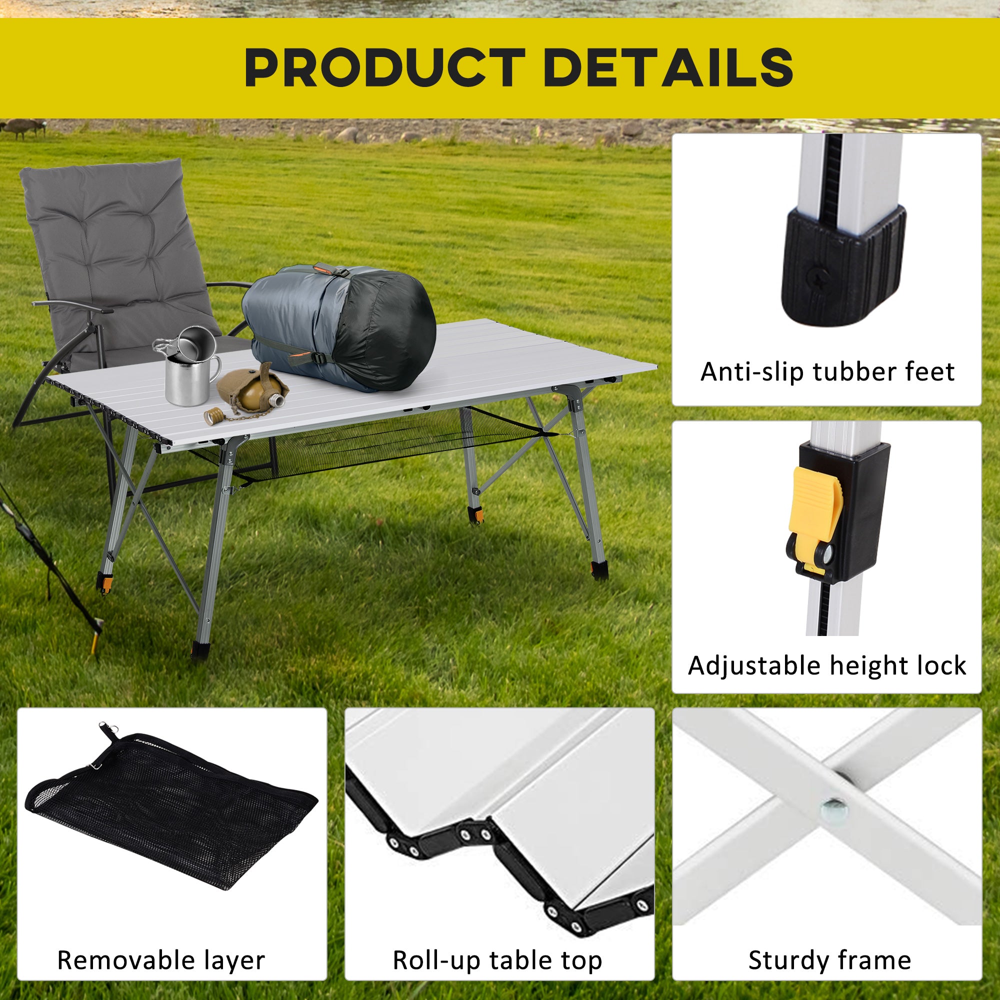 Outsunny 4FT Folding Aluminium Picnic Table Portable Camping BBQ Table Roll Up Top Mesh Layer Rack with Carrying Bag 