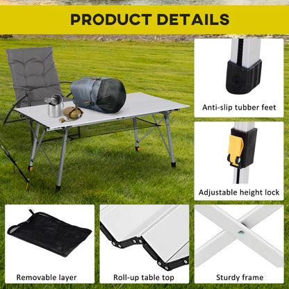 Outsunny 4FT Folding Aluminium Picnic Table Portable Camping BBQ Table Roll Up Top Mesh Layer Rack with Carrying Bag 
