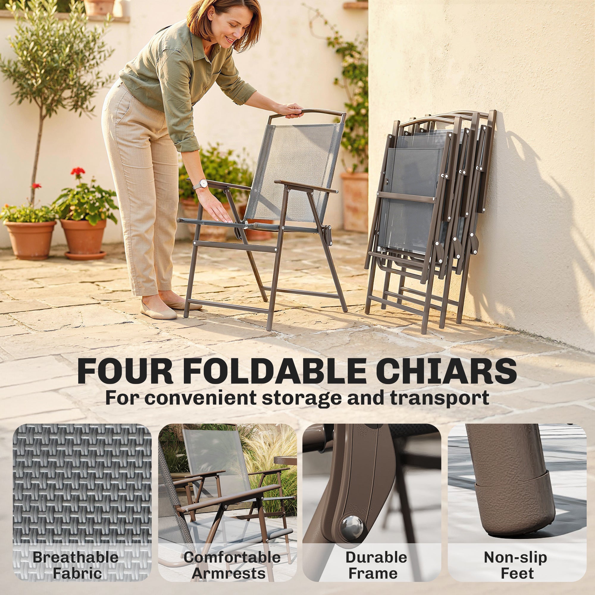Outsunny 6 Piece Garden Dining Set with Umbrella, Patio Sets with Parasol, 4 Folding Dining Chairs, Dark Grey 