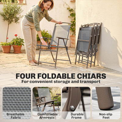 Outsunny 6 Piece Garden Dining Set with Umbrella, Patio Sets with Parasol, 4 Folding Dining Chairs, Dark Grey 