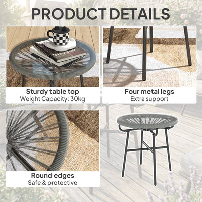 Outsunny Rattan Side Table, Round Outdoor Coffee Table, with Round PE Rattan and Tempered Glass Tabletop, Light Grey 